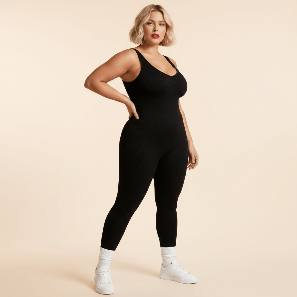 Combinaison sport femme grande taille noire seamless côtelée col V vue face trois-quarts fond studio crème