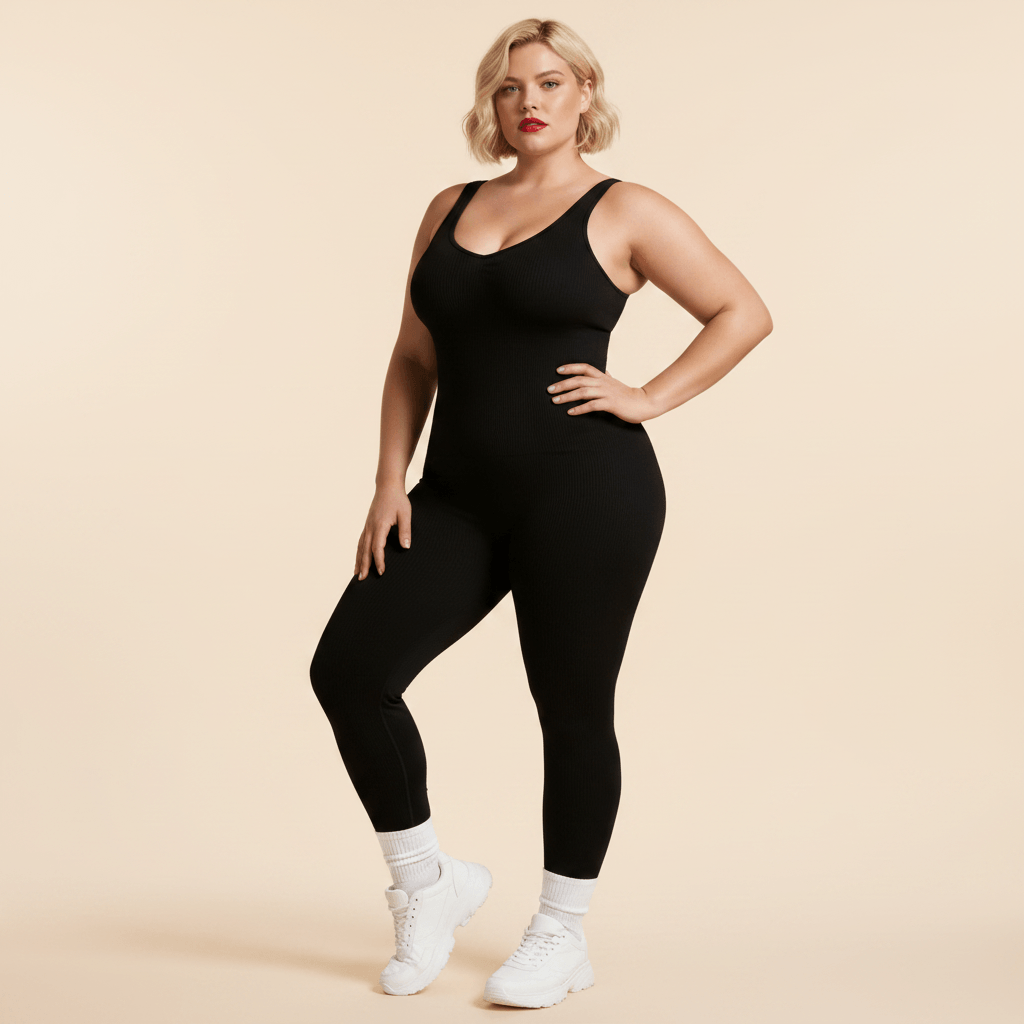 Combinaison sport femme grande taille noire seamless côtelée pose fashion éditoriale fond studio crème