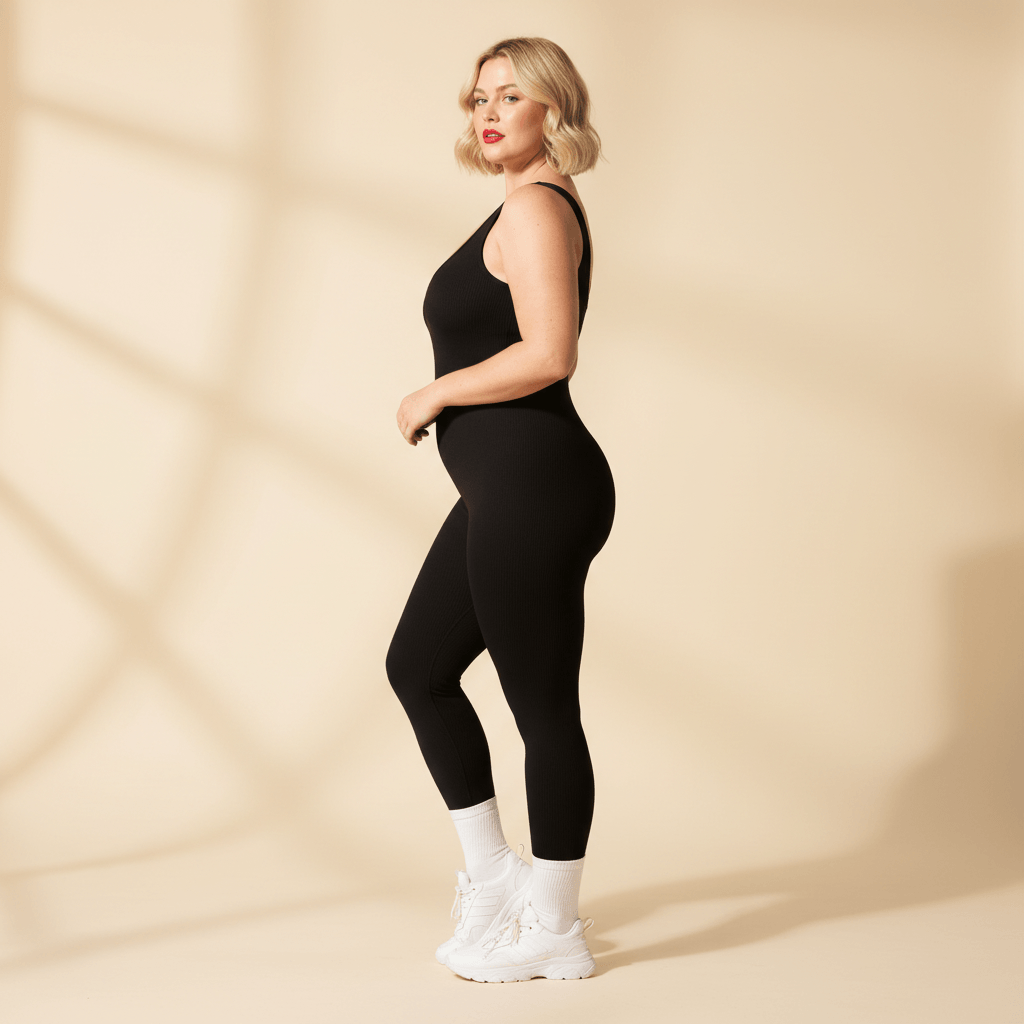 Combinaison sport femme grande taille noire seamless côtelée silhouette gainante vue profil fond studio crème