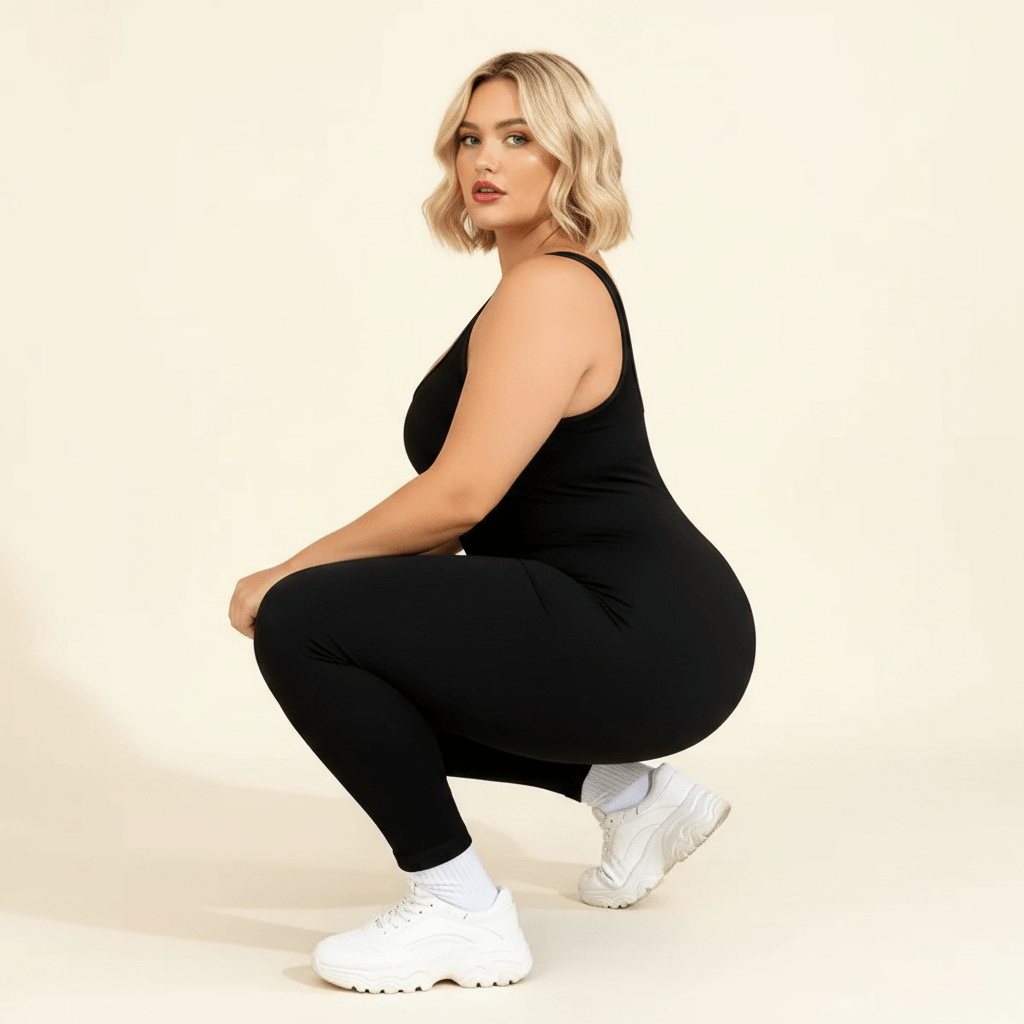 Combinaison sport femme grande taille noire seamless côtelée pose squat opacité maintien fond studio crème