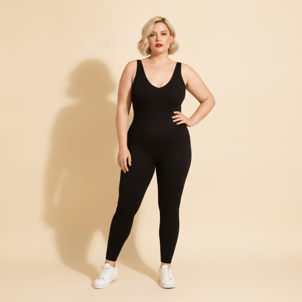 Combinaison sport femme grande taille noire seamless côtelée col V vue de face fond studio crème