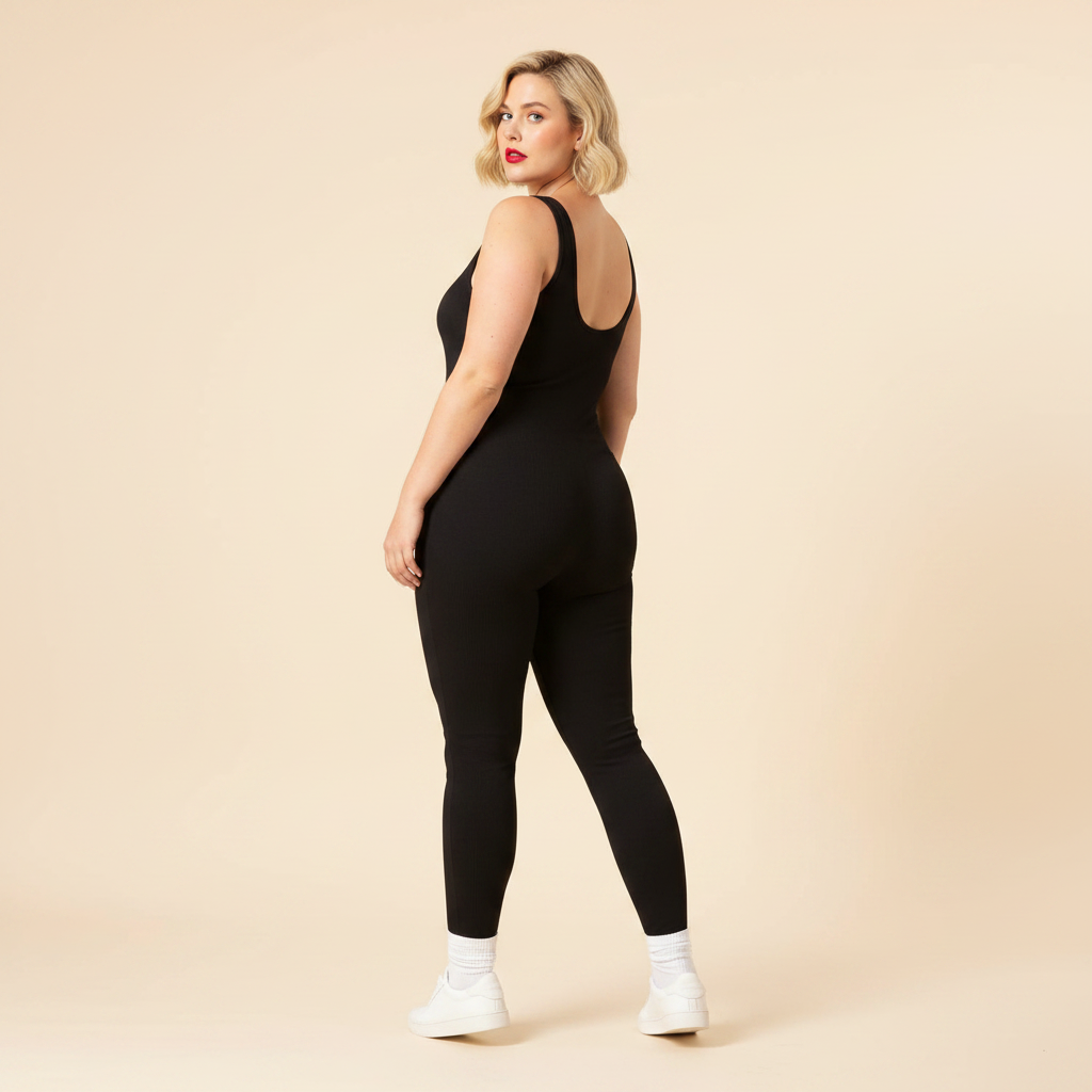 Combinaison sport femme grande taille noire seamless côtelée dos nu en U vue dos fond studio crème