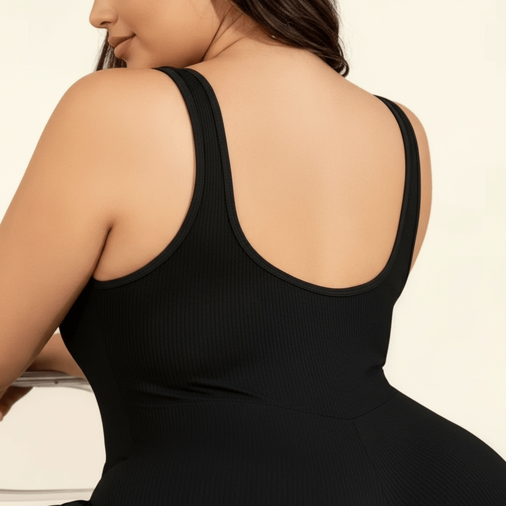 Combinaison sport femme grande taille noire seamless zoom détail dos nu en U maille côtelée gros plan