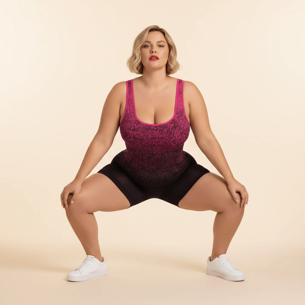 Combishort femme grande taille ombré dégradé fuchsia noir seamless squat vue de face opacité fond studio crème