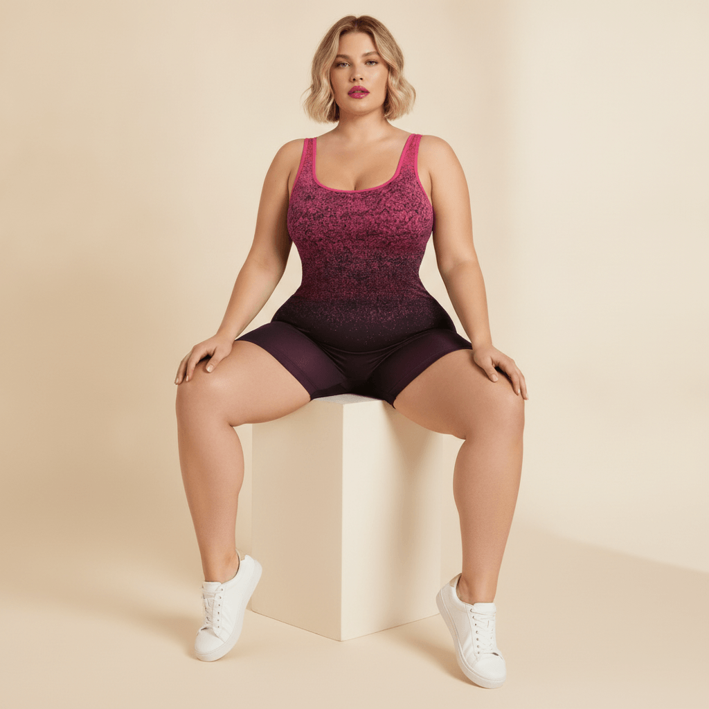 Combishort femme grande taille ombré dégradé fuchsia noir seamless assise élégante cube crème fond studio