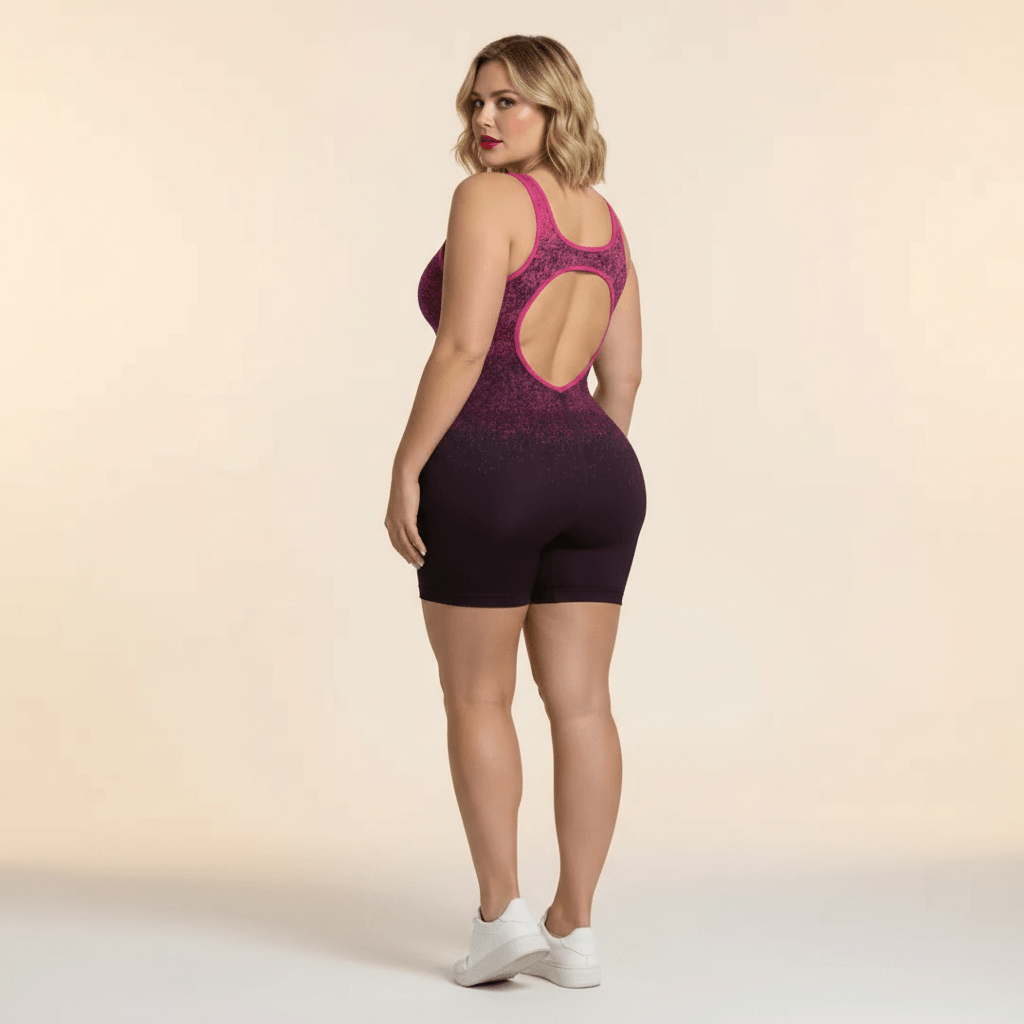 Combishort femme grande taille ombré dégradé fuchsia noir dos ouvert échancré vue dos fond studio crème