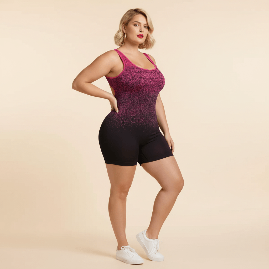 Combishort femme grande taille ombré dégradé fuchsia noir seamless côtelé vue face trois-quarts fond studio crème