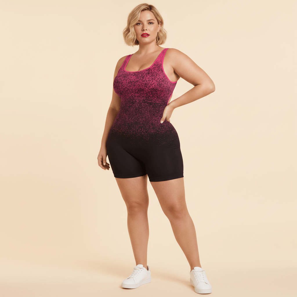 Combishort femme grande taille ombré dégradé fuchsia noir seamless squat vue de face opacité fond studio crème