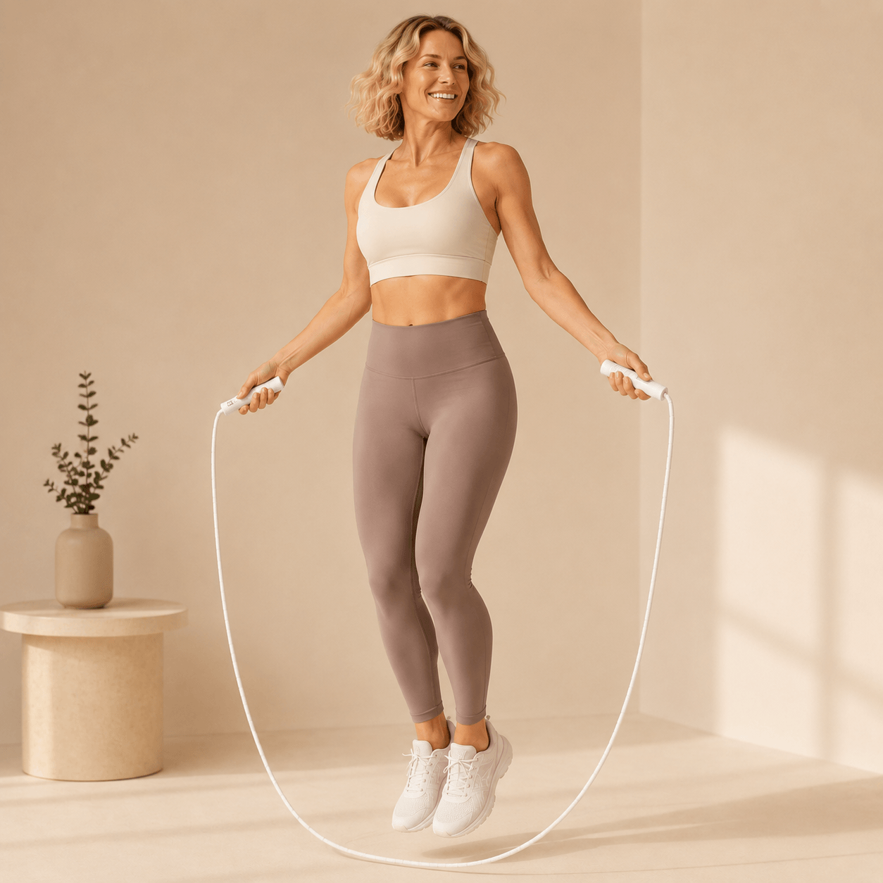 Corde à Sauter à Perles en Bambou, femme en tenue sport tenant la corde a perles blanches, pose differente, photo lifestyle studio ivoire doux