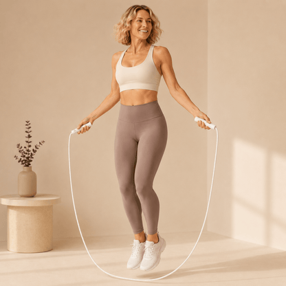 Corde à Sauter à Perles en Bambou, femme en tenue sport tenant la corde a perles blanches, pose differente, photo lifestyle studio ivoire doux