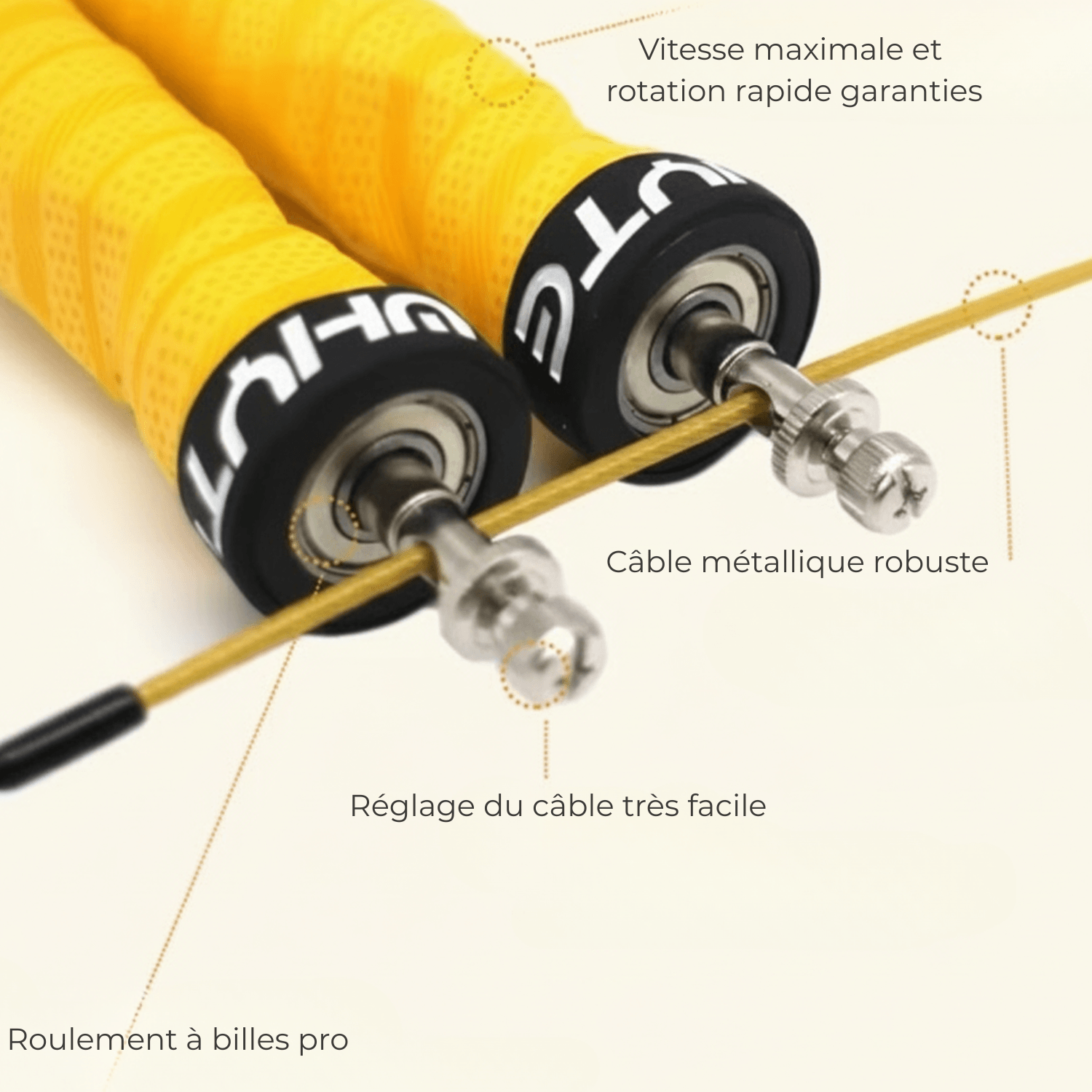 Détails de la corde à sauter de boxe : roulements à billes pro et câble métallique robuste