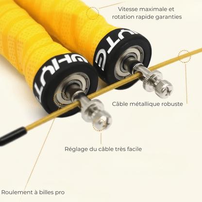 Détails de la corde à sauter de boxe : roulements à billes pro et câble métallique robuste