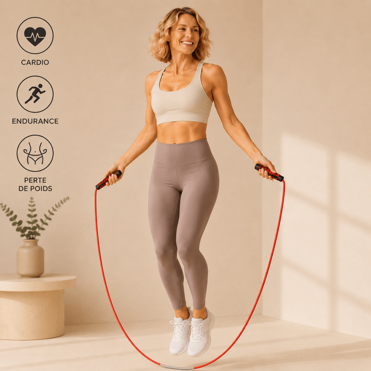 Femme blonde de 39 ans s'entraînant avec une corde à sauter Crossfit réglable rouge dans un studio ivoire minimaliste. Exercice de cardio, d'endurance et de perte de poids pour le fitness à domicile.