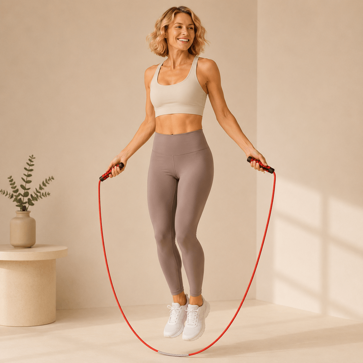 Femme blonde de 39 ans s'entraînant avec une corde à sauter Crossfit réglable rouge dans un studio ivoire minimaliste. Corde à sauter Crossfit réglable idéale pour le cardio, le HIIT, le fitness et l'endurance.