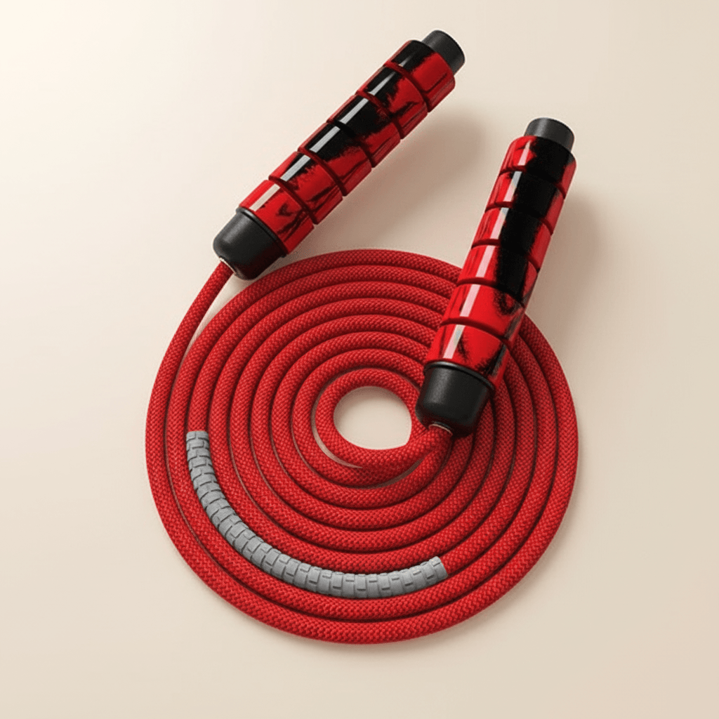 Corde à Sauter Crossfit Réglable rouge, corde enroulee avec deux poignees rouge et noir, photo produit studio fond ivoire doux elegant