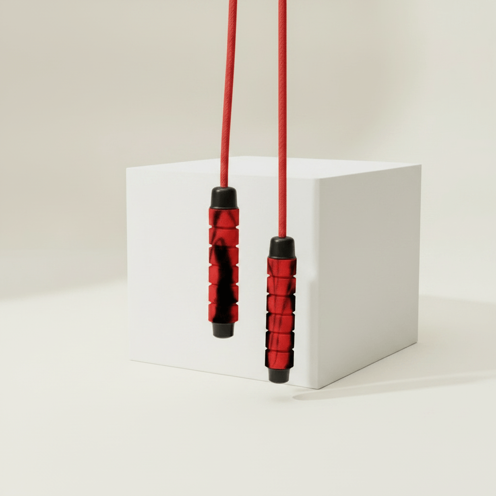 Corde à Sauter Crossfit Réglable, zoom sur les poignees rouge et noir, photo studio ivoire doux avec ombres naturelles