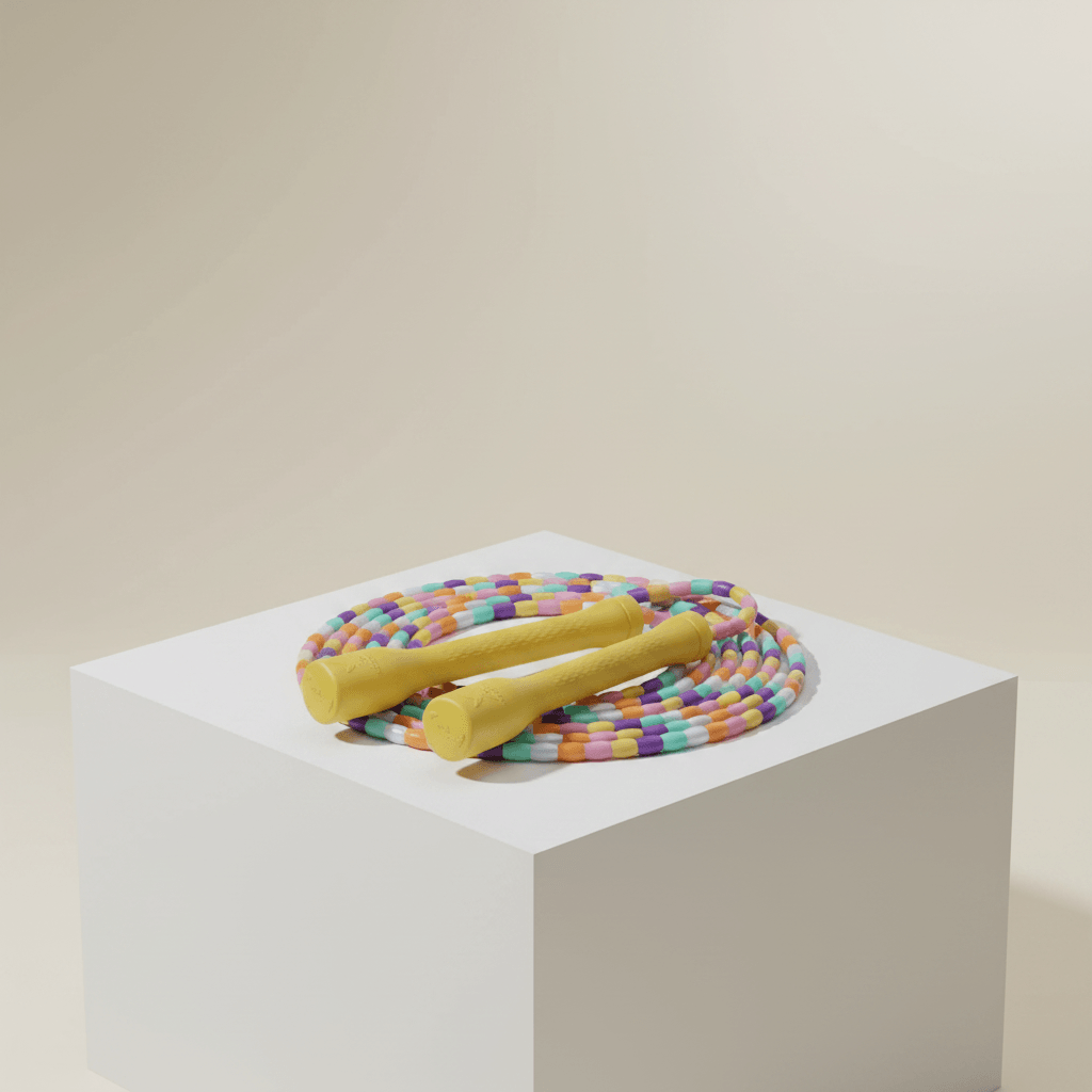 Corde à Sauter en Bambou Écologique, corde à perles multicolores posée sur cube blanc avec poignées jaunes, photo studio ivoire doux, e commerce premium