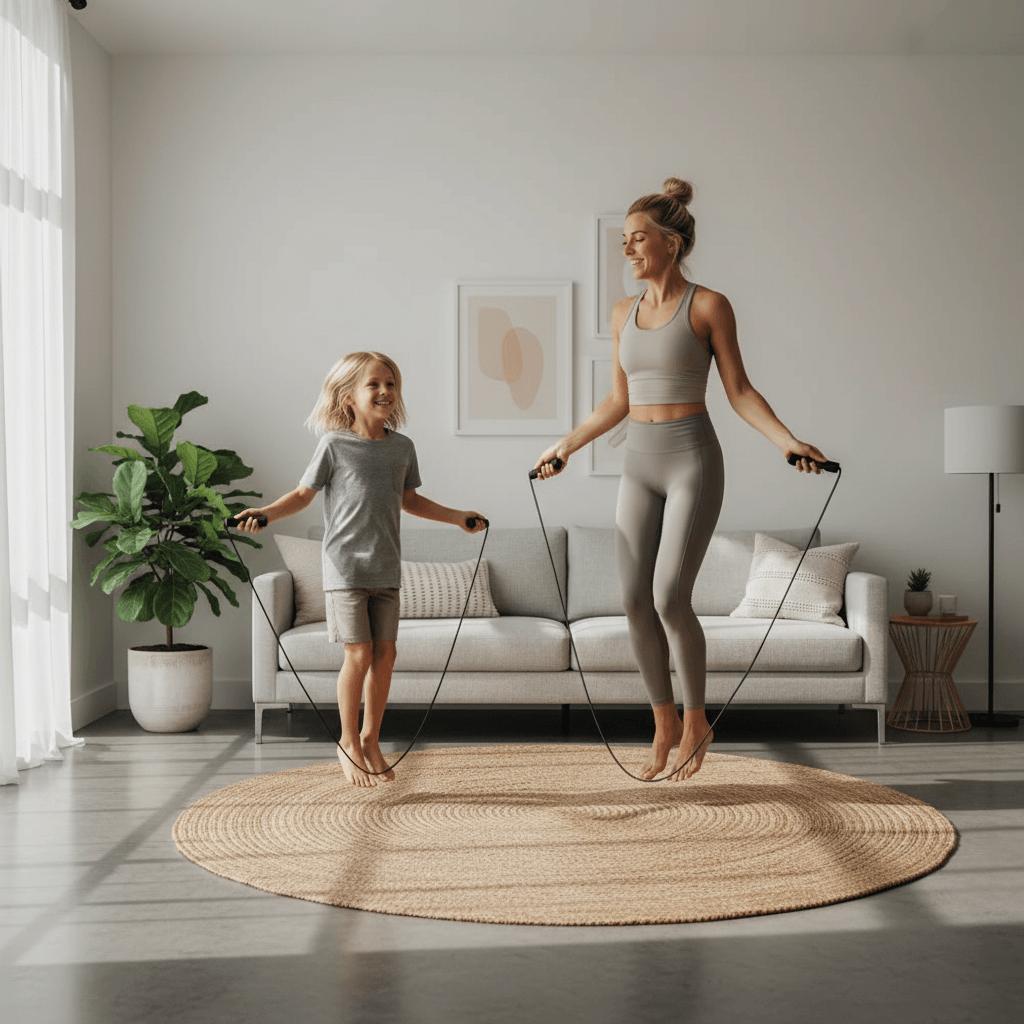 Corde à sauter enfant : une maman et son enfant sautent ensemble à la maiso