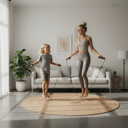 Corde à sauter enfant : une adulte et un enfant sautent ensemble à la maison