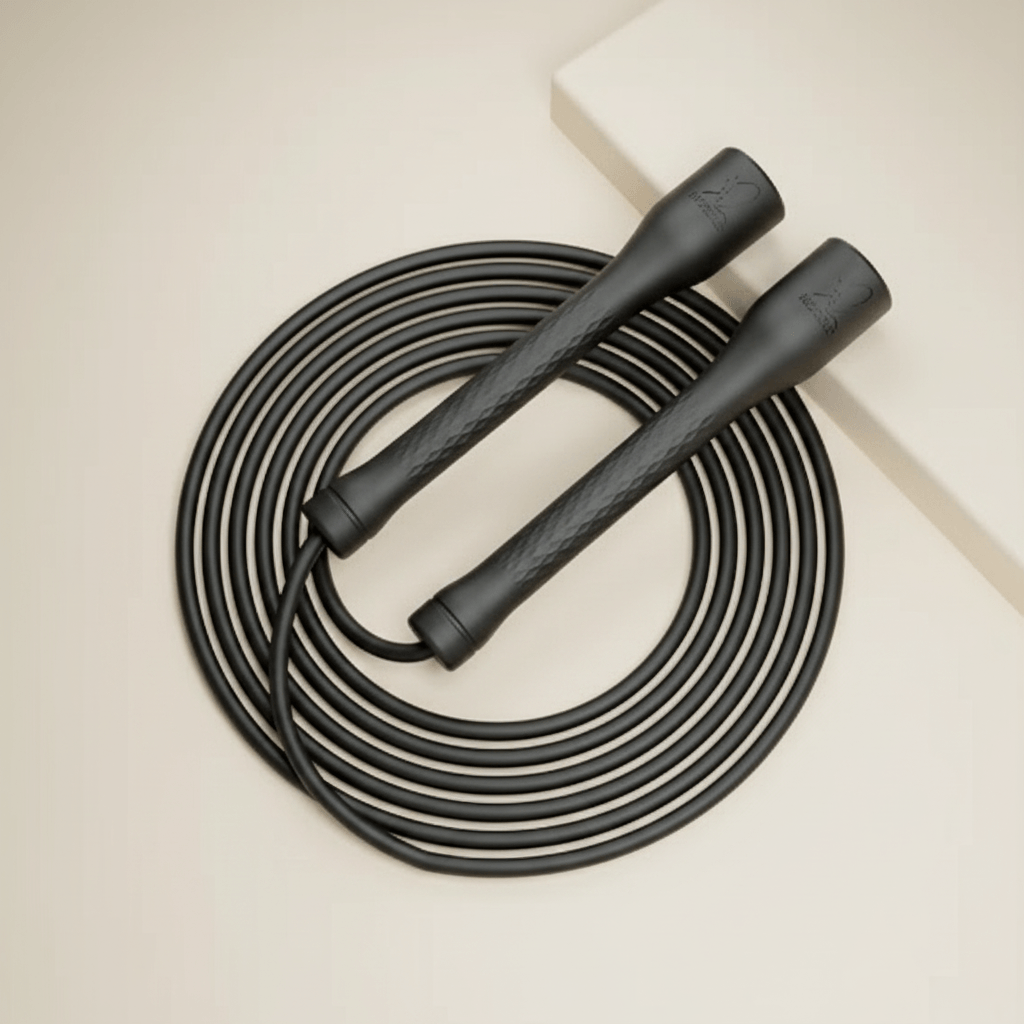 Corde à sauter enfant noire réglable enroulée, vue produit