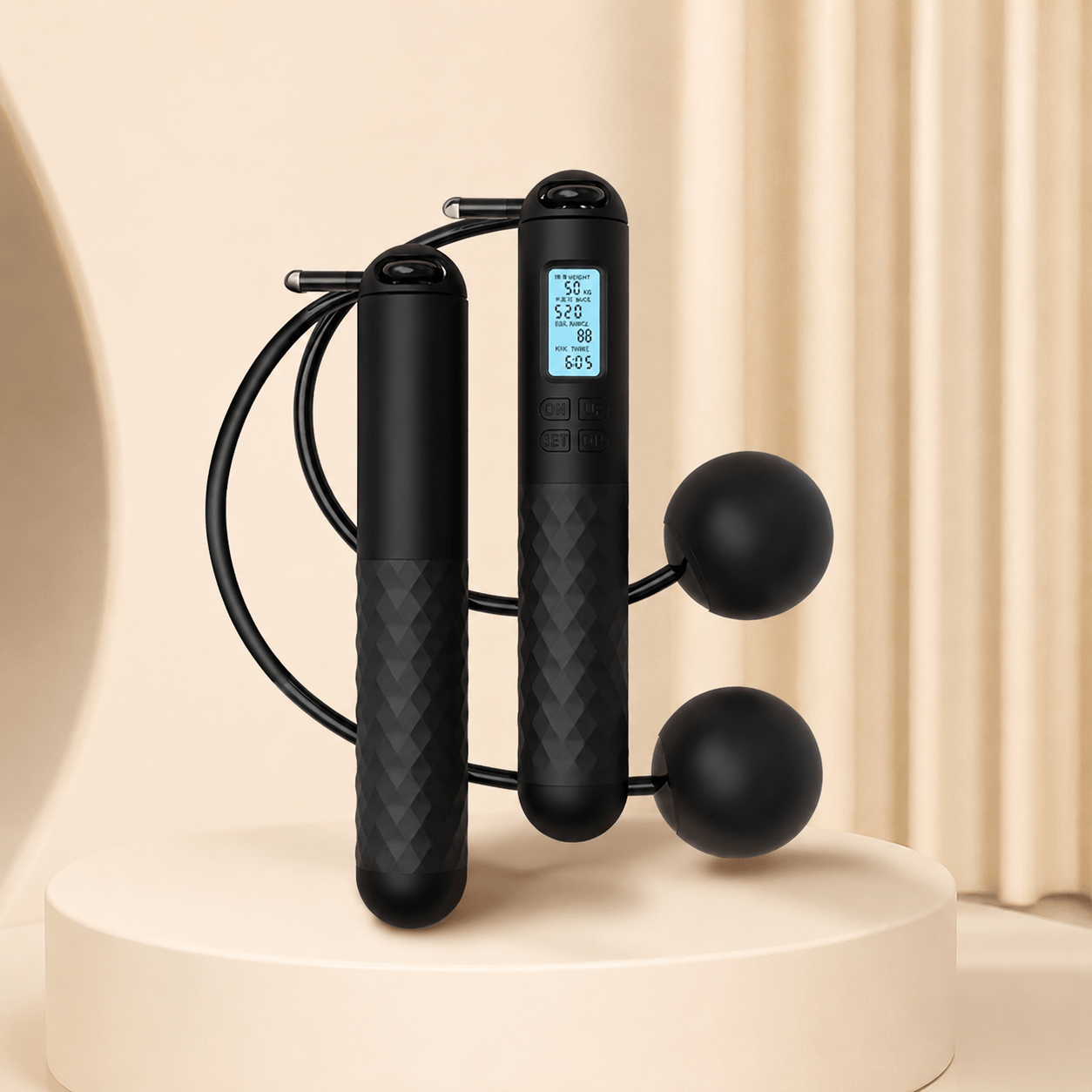 Corde à Sauter Lestée Sans Fil, packshot elegant sur cube blanc avec deux poignees noires et boules lestees, fond ivoire doux, rendu e commerce premium
