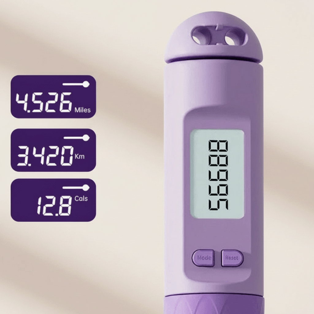 Corde à Sauter Sans Corde à Compteur, gros plan poignee violette avec ecran et boutons, encarts miles km calories, fond ivoire doux minimaliste