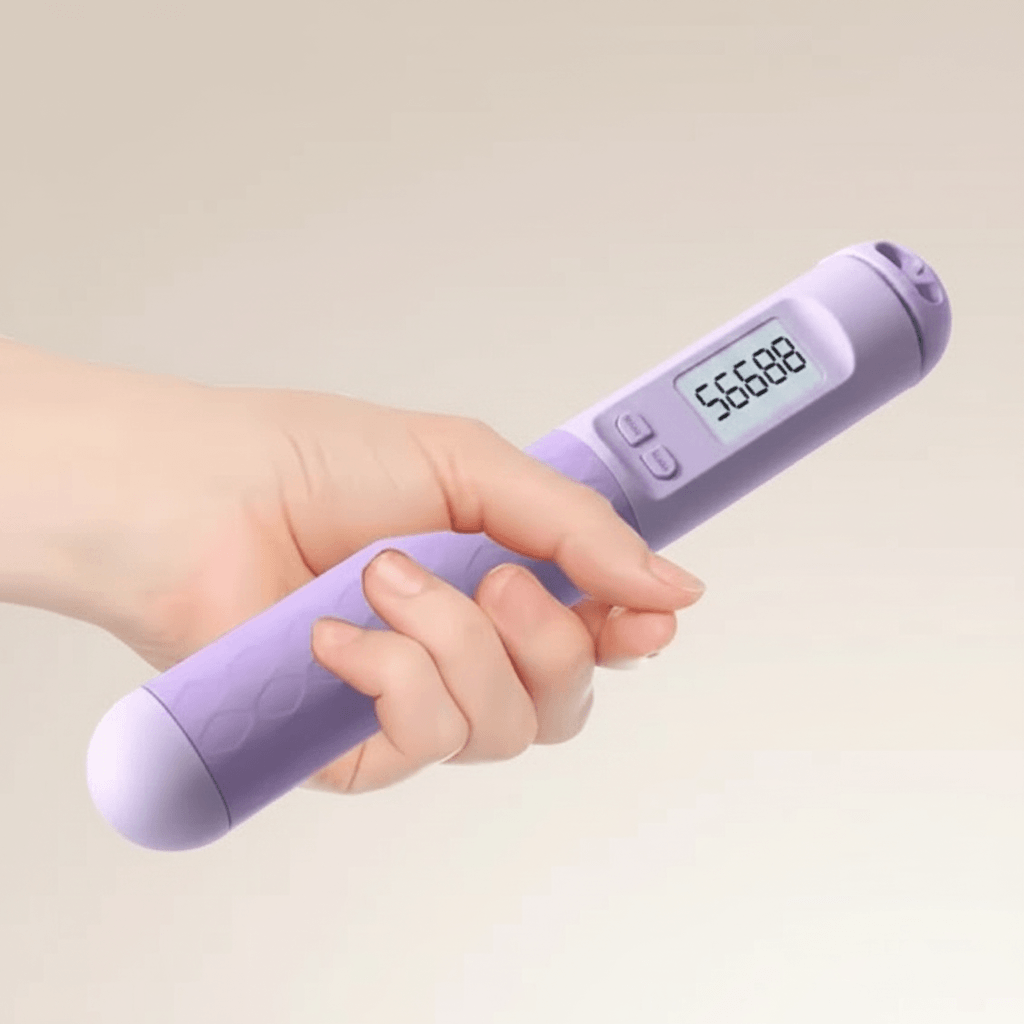 Corde à Sauter Sans Corde à Compteur, main tenant une poignee violette avec ecran et boutons, photo produit studio ivoire doux