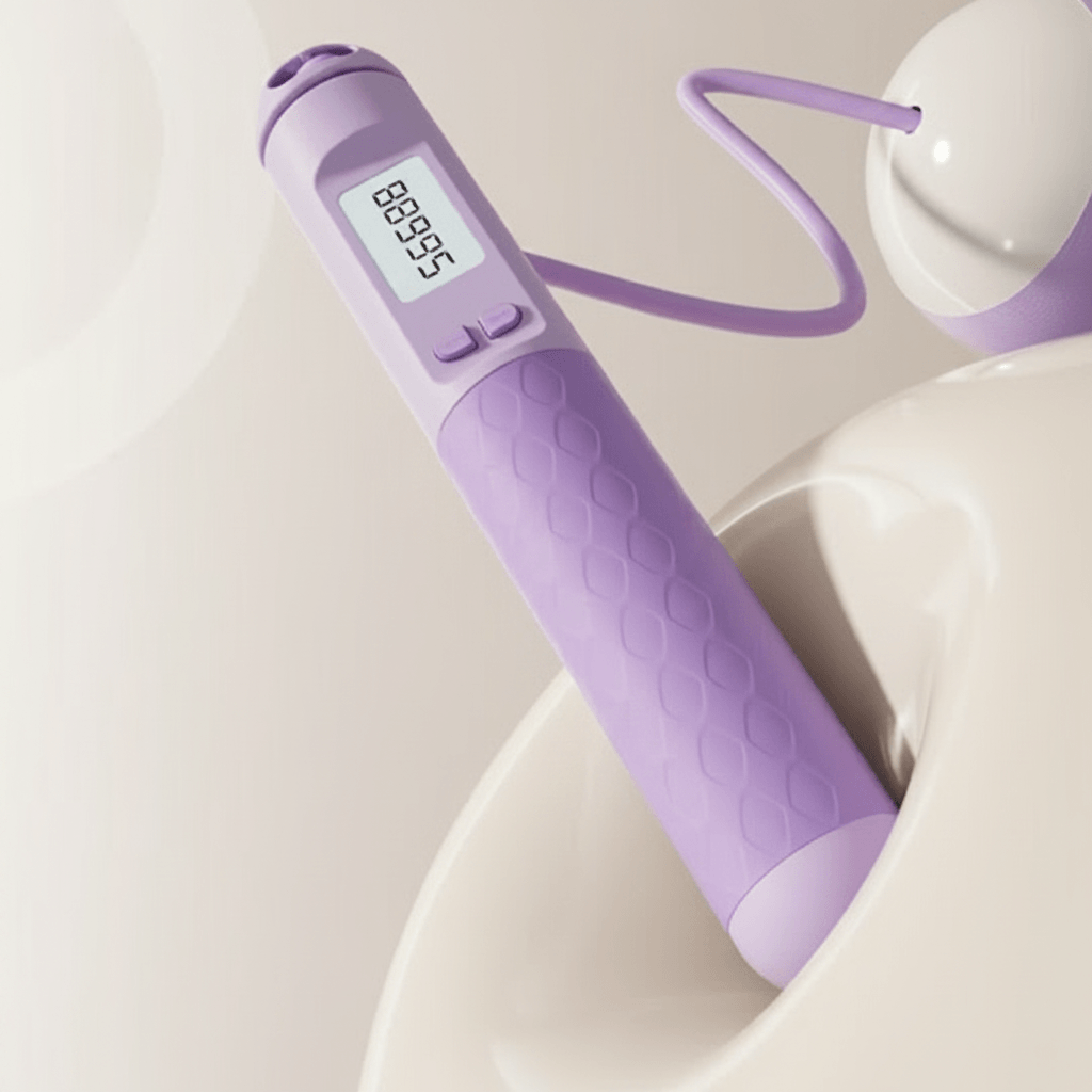 Corde à Sauter Sans Corde à Compteur, poignee violette avec ecran et cordon court, mise en scene dans bol brillant, studio ivoire doux minimaliste