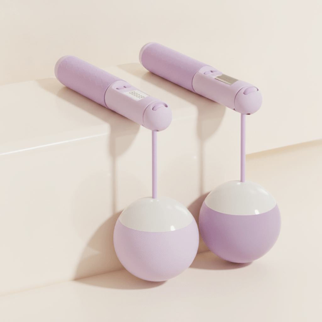 Corde à Sauter Sans Corde à Compteur violette, deux poignees avec ecran et boutons, deux boules lestees, photo produit sur cube, studio ivoire doux minimaliste