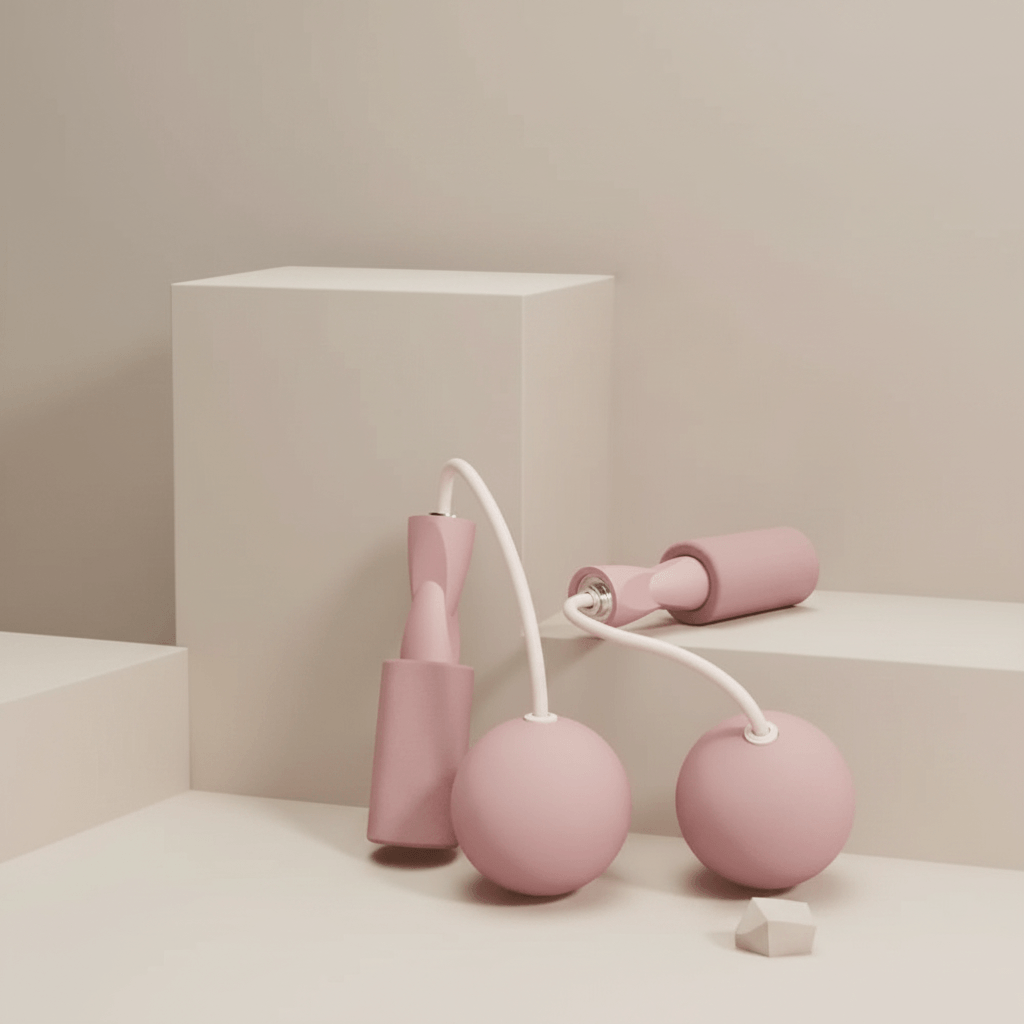 Corde à Sauter Sans Corde blush rose mat, deux poignees ergonomiques avec grips mousse, cordons silicone blancs courts et deux boules lestees, studio ivoire chaud minimaliste