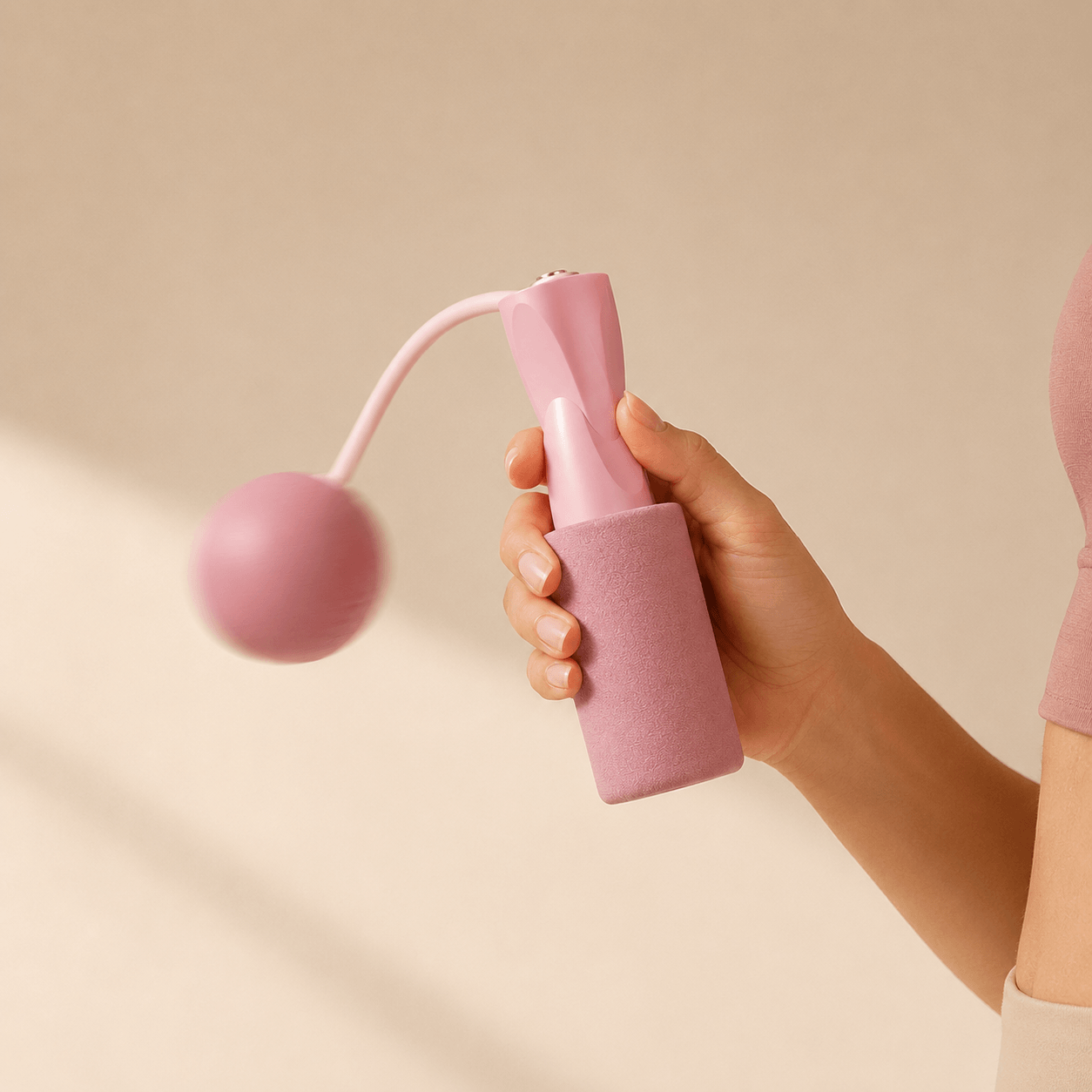 Corde à Sauter Sans Corde, main feminine tenant une poignee blush mat, boule lestée en mouvement avec leger flou, studio ivoire chaud premium