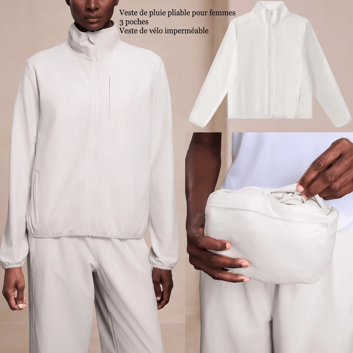 Le coupe-vent femme pliable replié dans sa propre poche, paquet de la taille d'une main