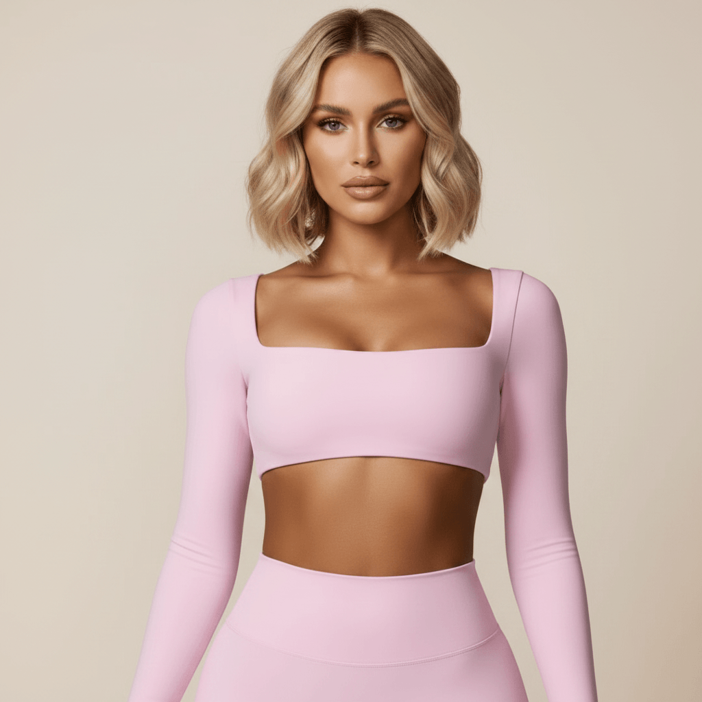 Crop Top Manche Longue Femme, ensemble sport rose col carre avec legging taille haute, vue de face, mannequin blonde carre wavy, photo studio ivoire doux