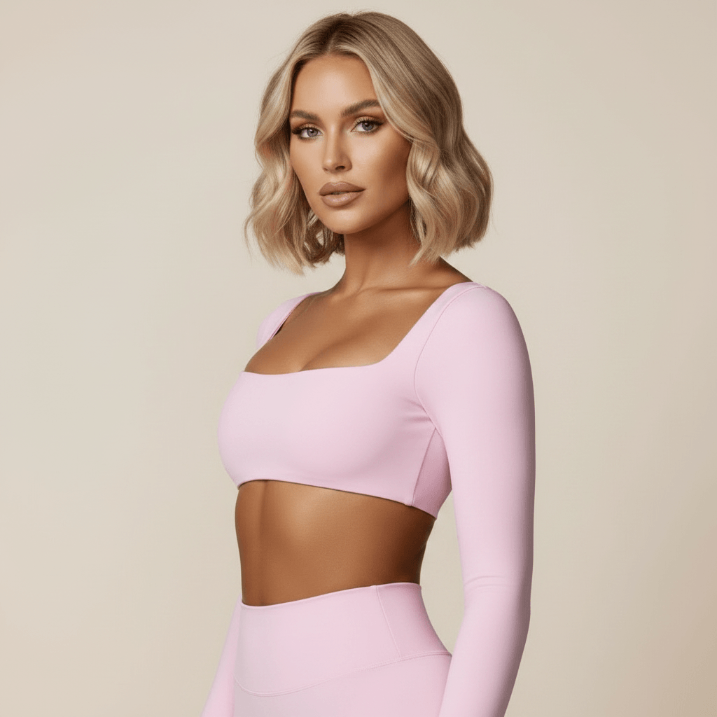 Crop Top Manche Longue Femme, ensemble sport rose col carre, pose 3/4 chic, mannequin blonde carre wavy, photo studio ivoire doux