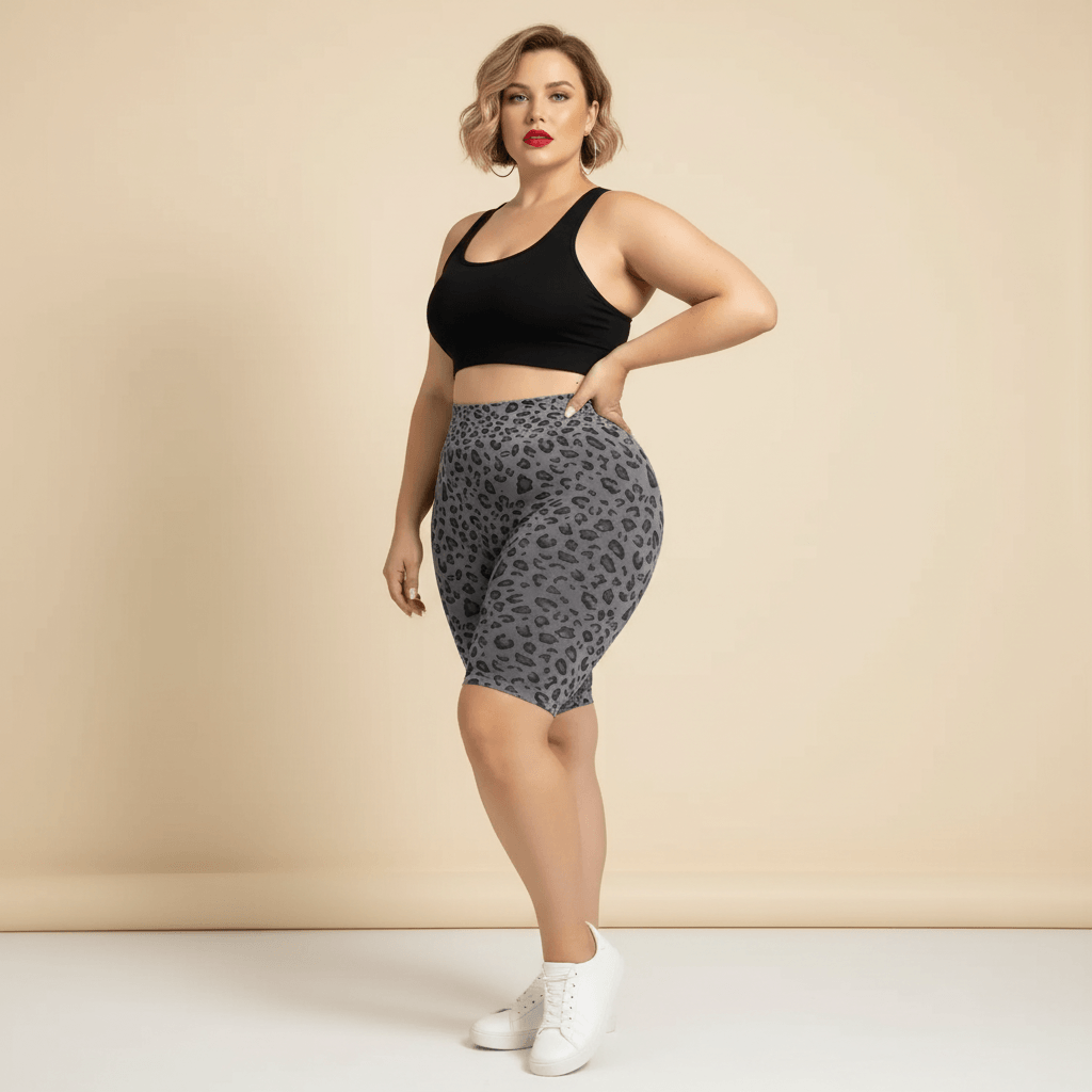 Cycliste sport grande taille imprimé léopard gris et noir seamless taille haute gainant, vue de face trois-quarts main sur la hanche, fond studio crème