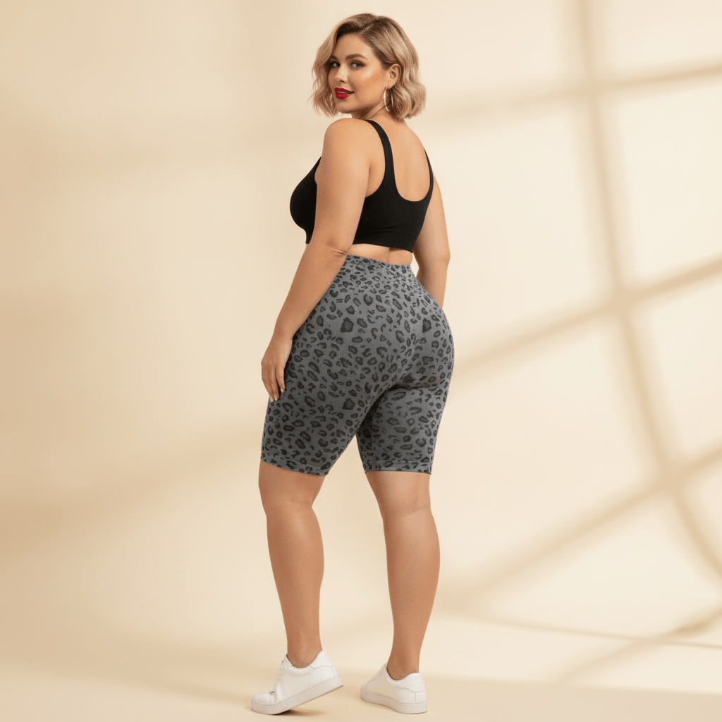 Cycliste sport grande taille imprimé léopard gris et noir seamless taille haute, vue de dos montrant le galbe push-up et le motif léopard, fond studio crème