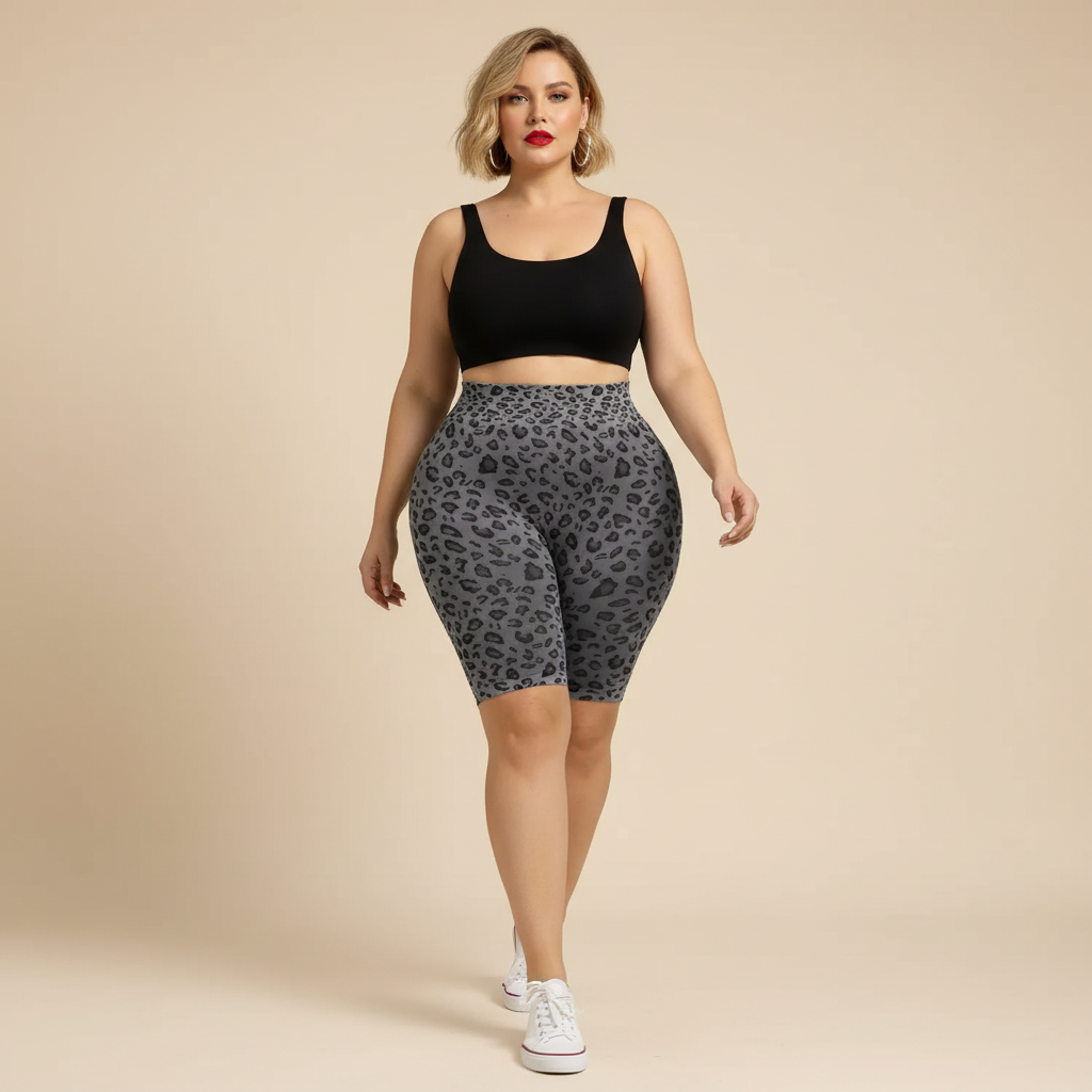 Cycliste sport grande taille imprimé léopard gris et noir seamless taille haute, pose de marche confiante et élégante, silhouette gainante et sculptante, fond studio crème