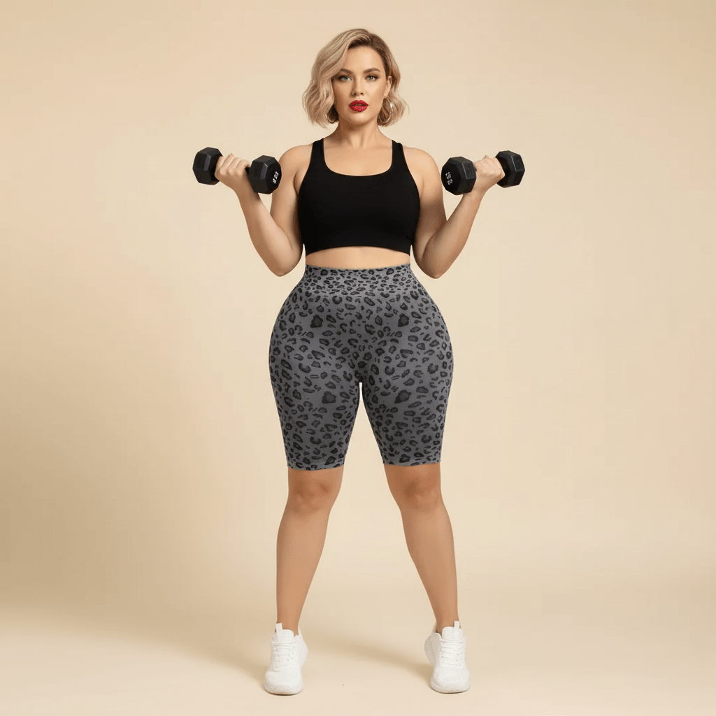 Cycliste sport grande taille imprimé léopard gris et noir seamless taille haute porté avec haltères, pose musculation bicep curl, fond studio crème