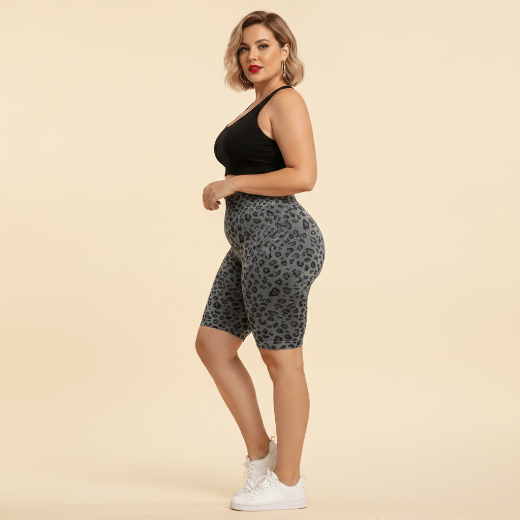 Cycliste sport grande taille imprimé léopard gris et noir seamless taille haute, vue de profil montrant la ligne sculptante et gainante, fond studio crème