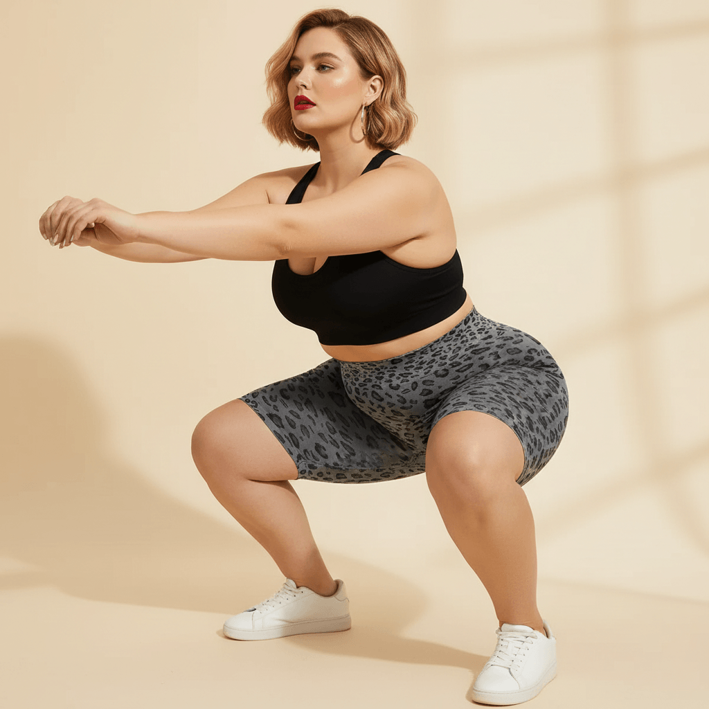 Cycliste sport grande taille imprimé léopard gris et noir seamless taille haute en pose squat, opacité squat-proof et compression gainante, fond studio crème