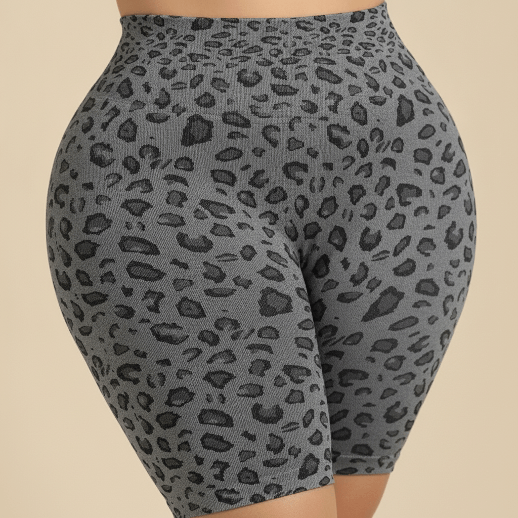 Cycliste sport grande taille imprimé léopard gris et noir seamless, zoom détail sur le motif léopard et la ceinture taille haute gainante, fond studio crème vu de face