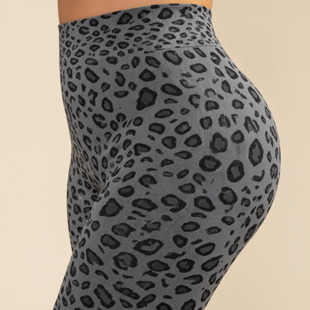 Cycliste sport grande taille imprimé léopard gris et noir seamless, zoom détail sur le motif léopard et la ceinture taille haute gainante, fond studio crème