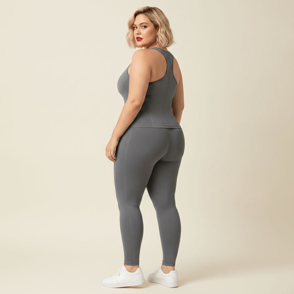 Débardeur femme grande taille gris dos nageur en H seamless maille respirante vue dos trois-quarts fond studio crème
