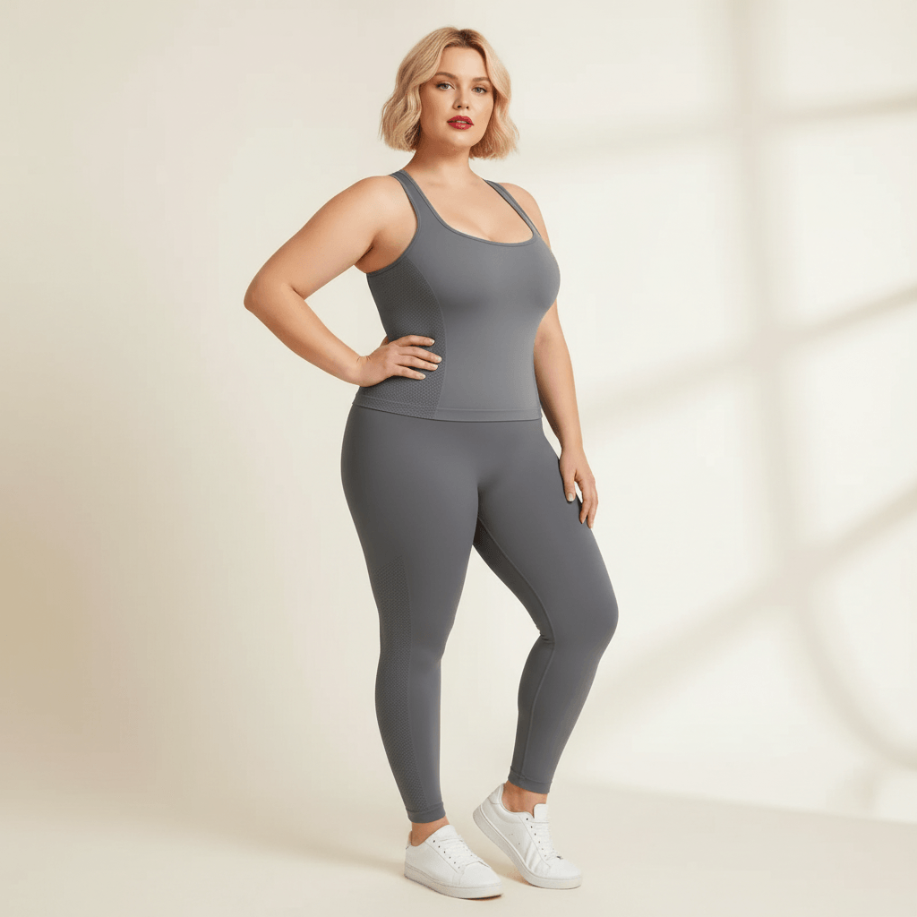 Débardeur femme grande taille gris gainant seamless maille côtelée vue face trois-quarts fond studio crème