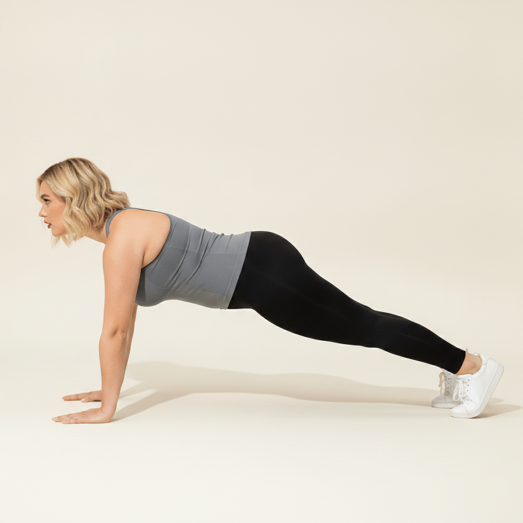 Débardeur femme grande taille gris gainant seamless pose planche gainage fond studio crème