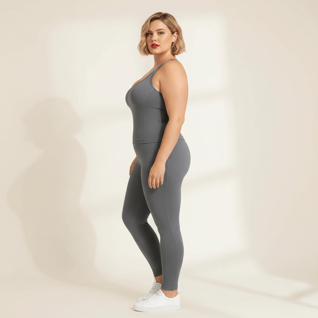 Débardeur femme grande taille gris gainant seamless vue profil ligne près du corps fond studio crème