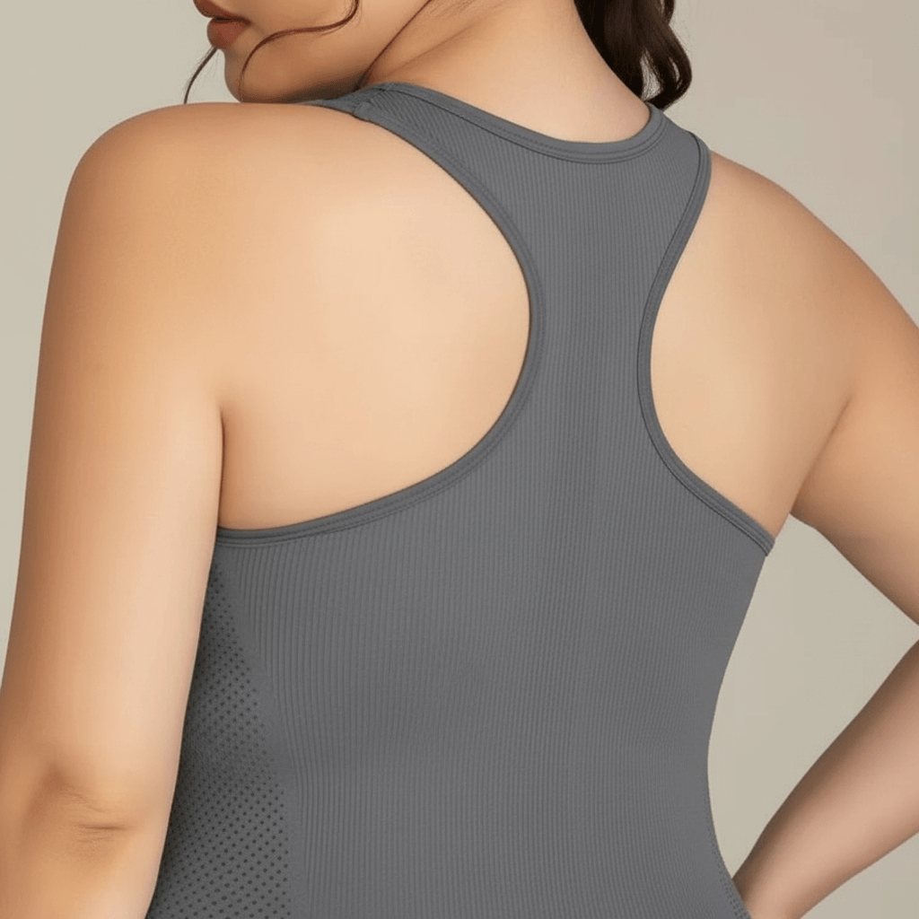 Débardeur femme grande taille gris zoom détail dos nageur en H maille côtelée seamless gros plan