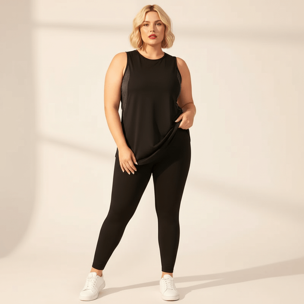 Débardeur grande taille femme noir mesh respirant style fashion sport éditorial ajustement ourlet fond studio crème