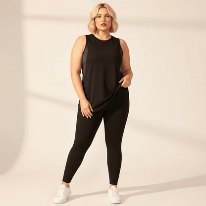 Débardeur grande taille femme noir mesh respirant style fashion sport éditorial ajustement ourlet fond studio crème