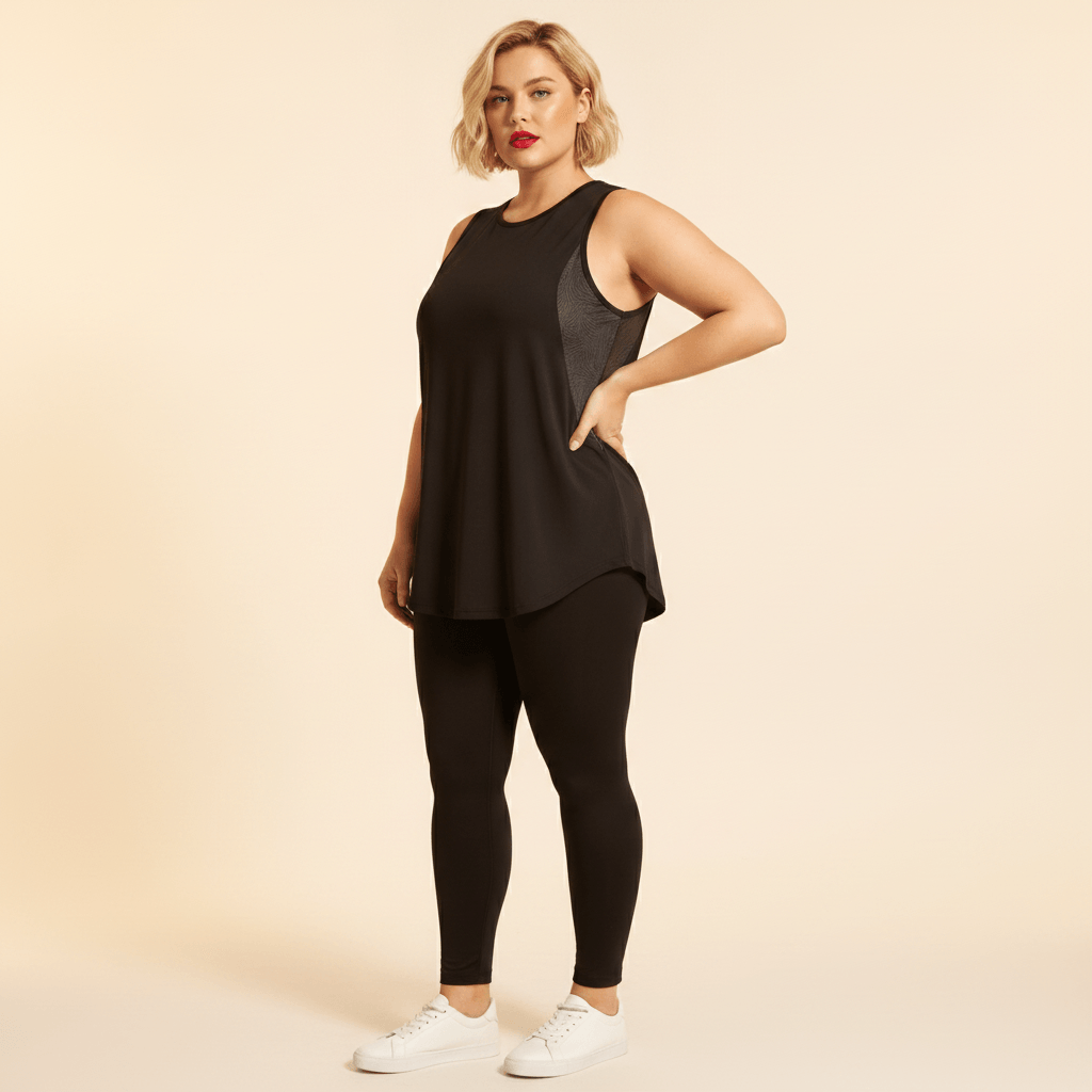 Débardeur grande taille femme noir empiècements mesh respirant coupe ample longue vue de face fond studio crème